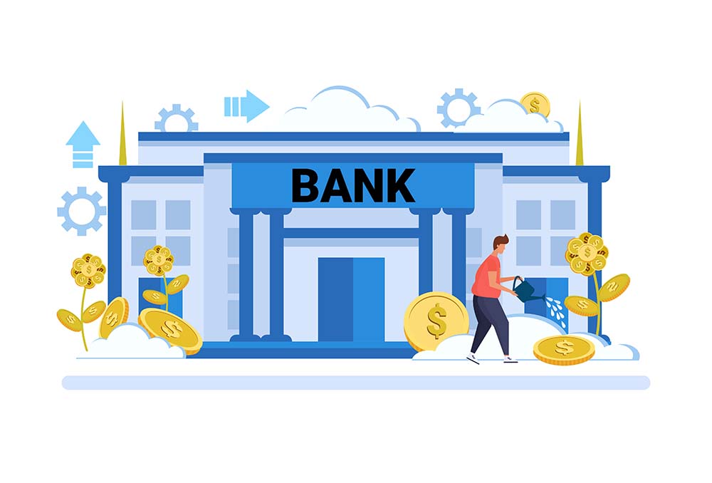 businessman watering dollar plant growth wealth investment concept bank building exterior background male cartoon character full length flat